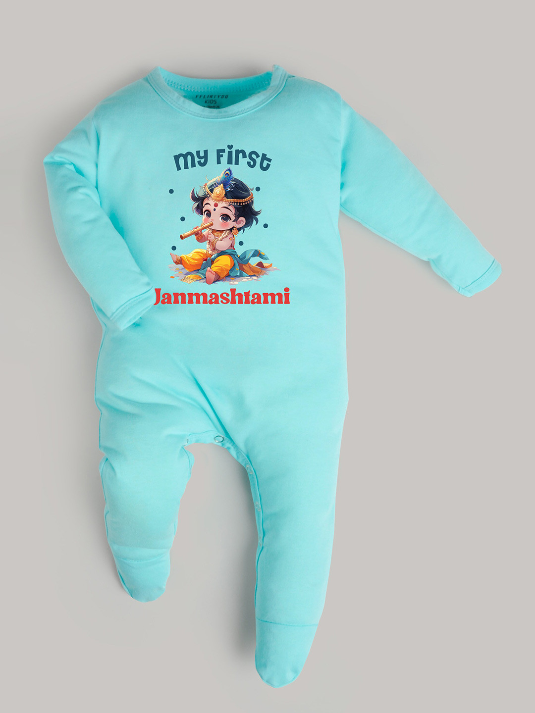 

FFLIRTYGO Infant Kids Graphic Printed Janmashtami Special Pure Cotton Sleepsuit, Turquoise blue