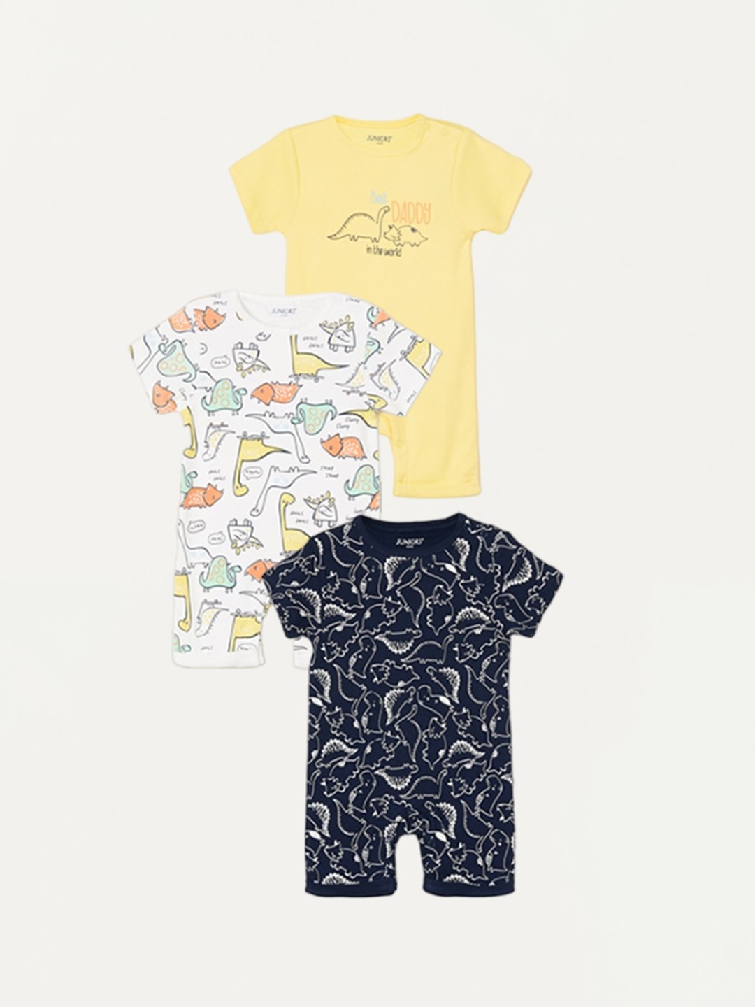 

Juniors by Lifestyle Infant Boys Pack Of 3 Pure Cotton Printed Rompers, Yellow