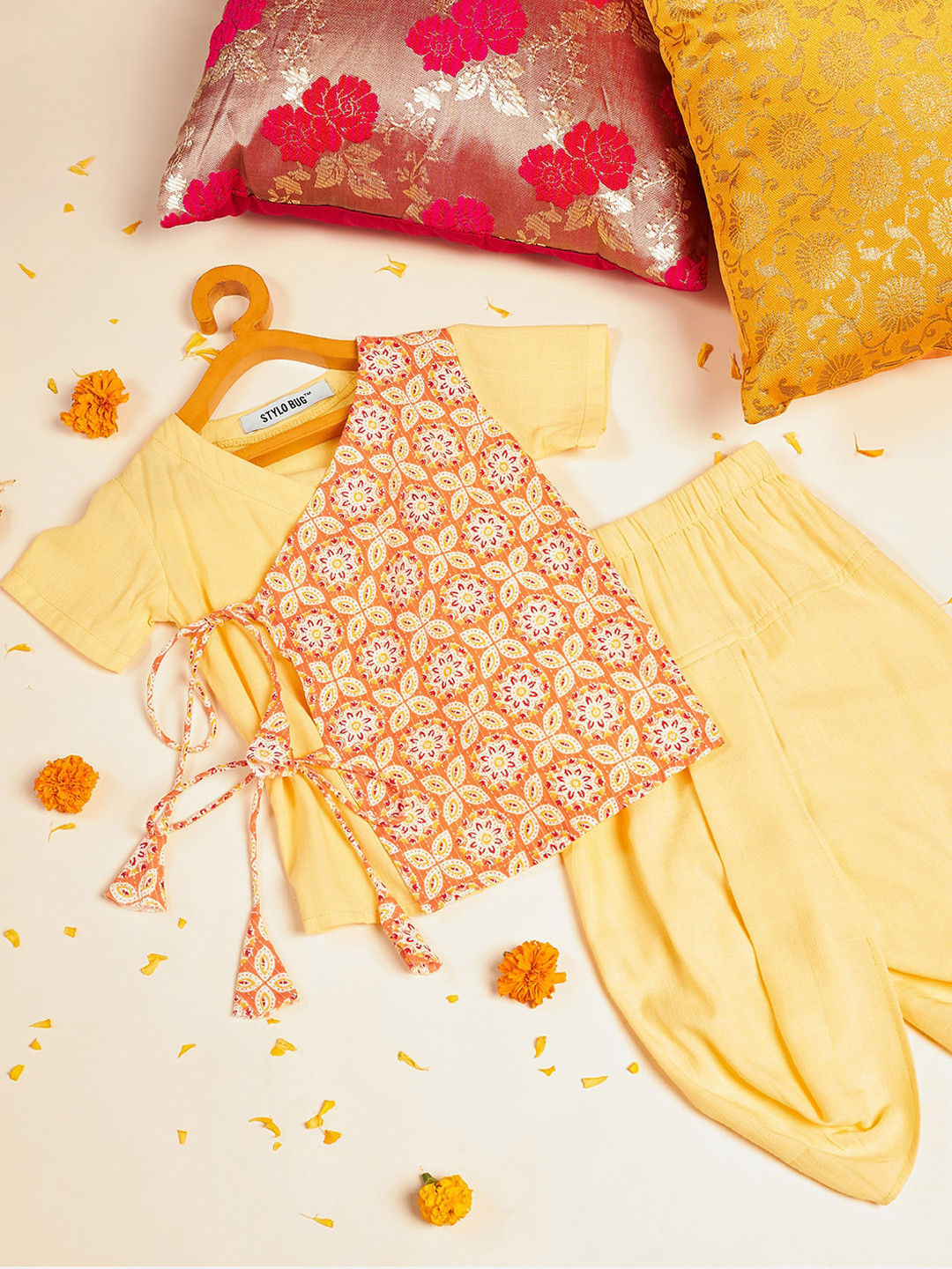 

Stylo Bug Boys Ethnic Motifs Printed Angrakha Kurta with Dhoti Pants, Yellow