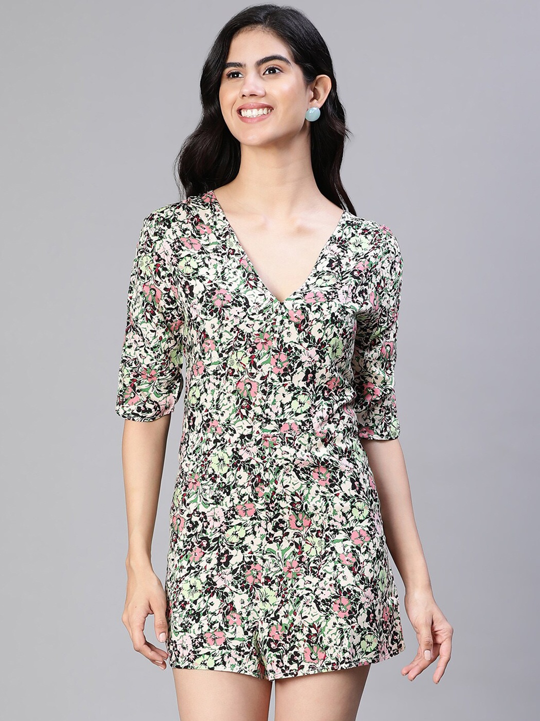 

Oxolloxo Floral Print V-Neck Playsuit, Green