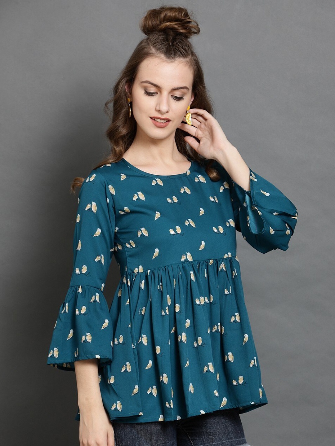 

MAZIE Floral Printed Bell Sleeves Gathered A-Line Top, Teal