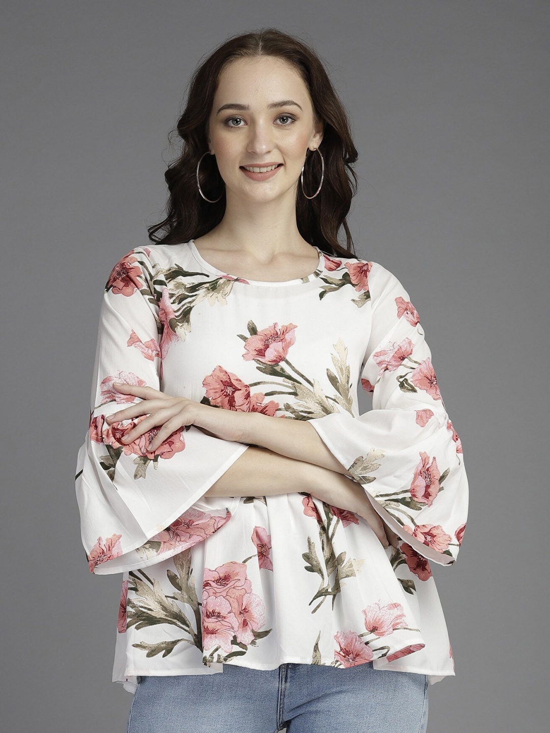 

MAZIE Floral Printed Bell Sleeves Gathered A-Line Top, White