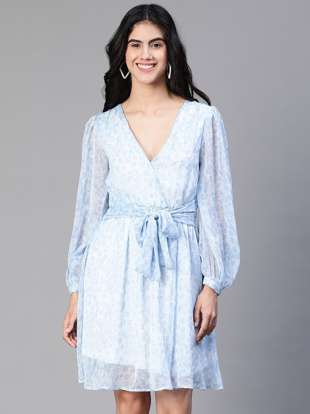 

Oxolloxo Floral Print Tie-Knot V- Neck Flared Dress, Blue