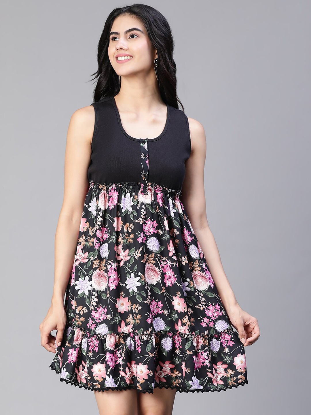 

Oxolloxo Floral Printed Sleeveless Gathered Detail Empire Dress, Black