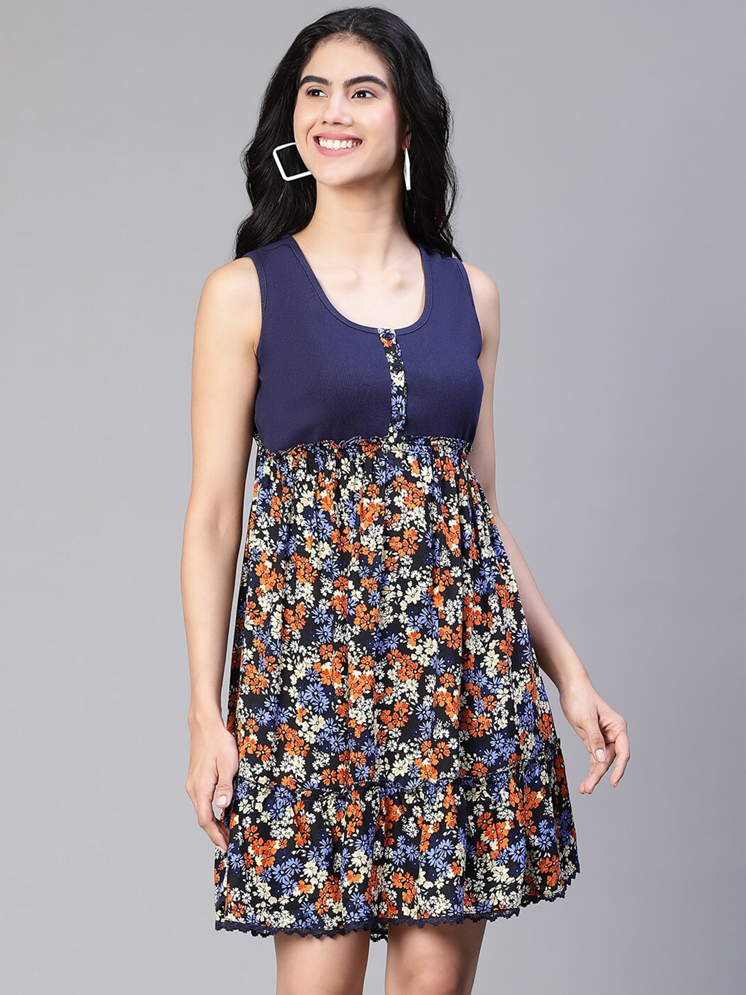

Oxolloxo Floral Print Round Neck Sleeveless Dress, Blue