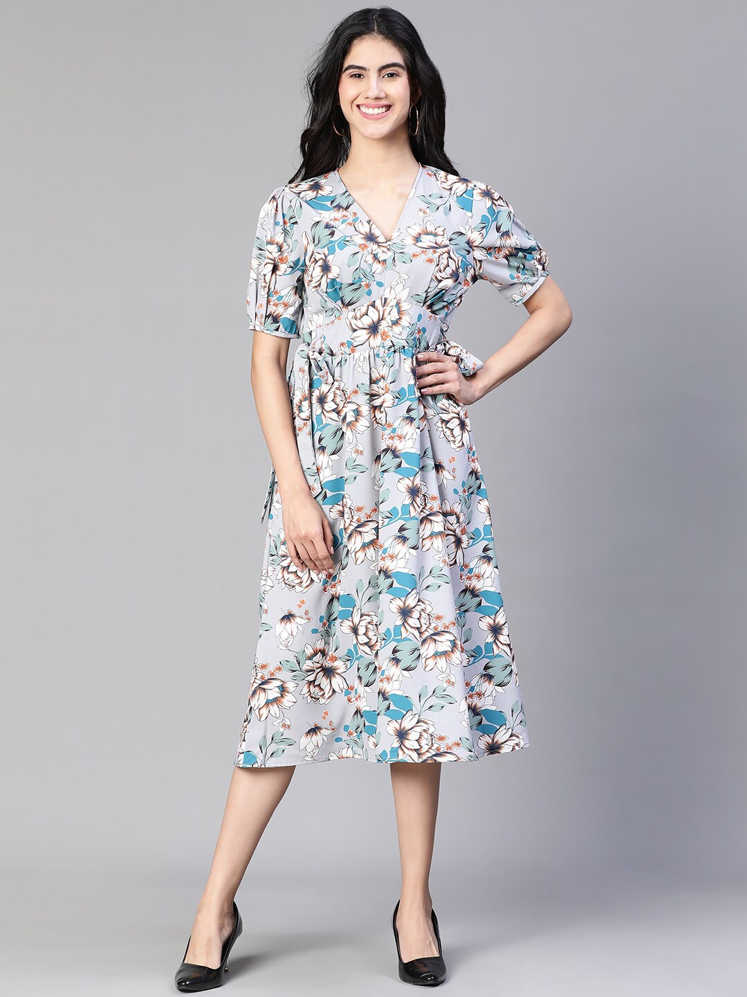 

Oxolloxo Floral Print Tie-Up Long Flared Dress, Grey