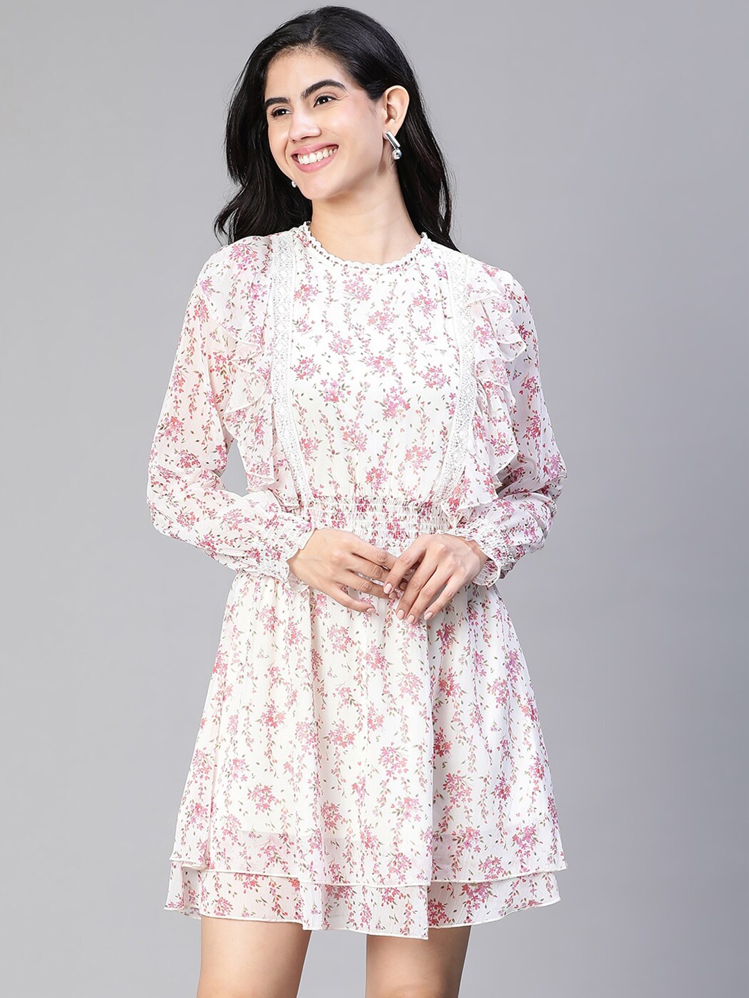 

Oxolloxo Floral Print Long Sleeve Dress, Beige