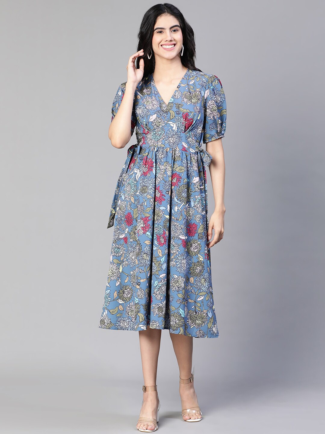 

Oxolloxo Floral Printed Tie-Up Detail Puff Sleeves Fit & Flare Midi Dress, Blue