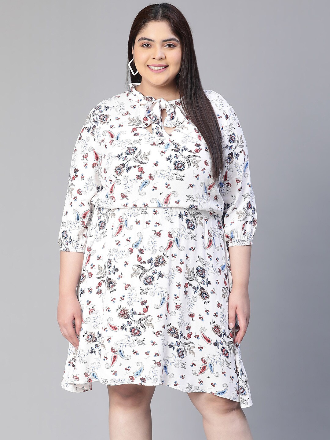 

Oxolloxo Plus Size Floral Print Tie-Knot Dress, Cream