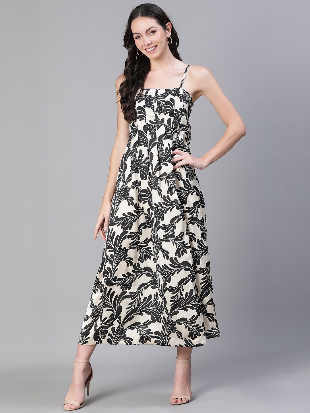 

Oxolloxo Floral Print Shoulder Strapped Midi Dress, Black