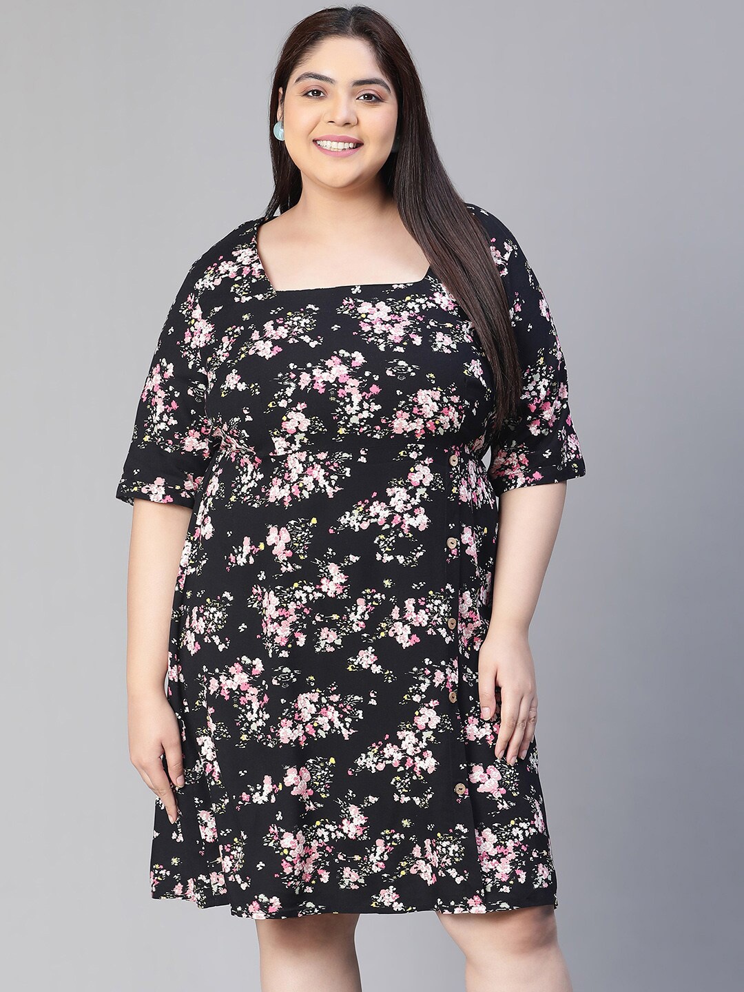 

Oxolloxo Plus Size Floral Print Square Neck Short Sleeve Dress, Black