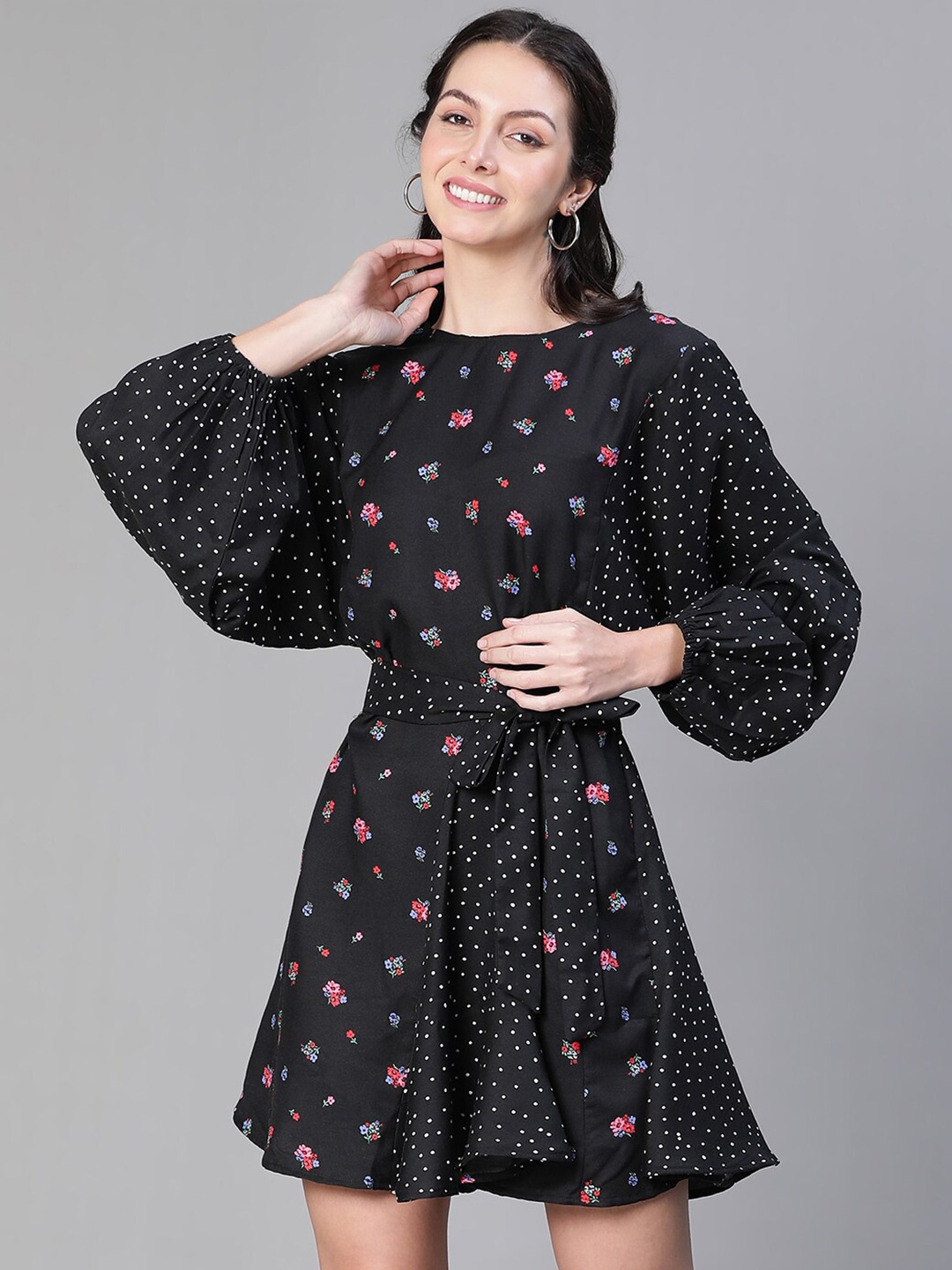 

Oxolloxo Floral Printed Puff Sleeves Tie Up Detail Fit & Flare Dress, Black