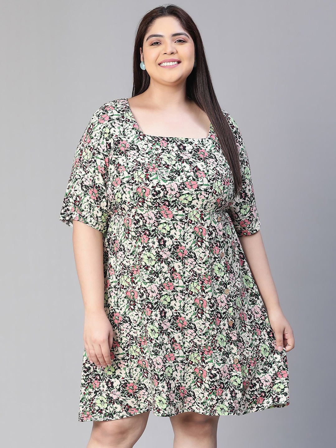 

Oxolloxo Plus Size Floral Print Square Neck Short Sleeve Dress, Multi