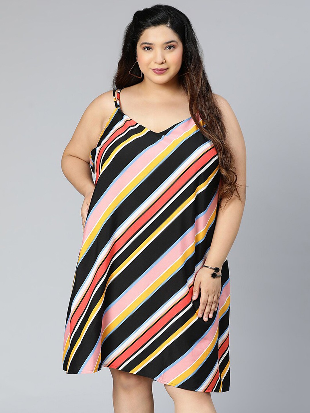 

Oxolloxo Plus Size Striped Shoulder Straps A-Line Dress, Black