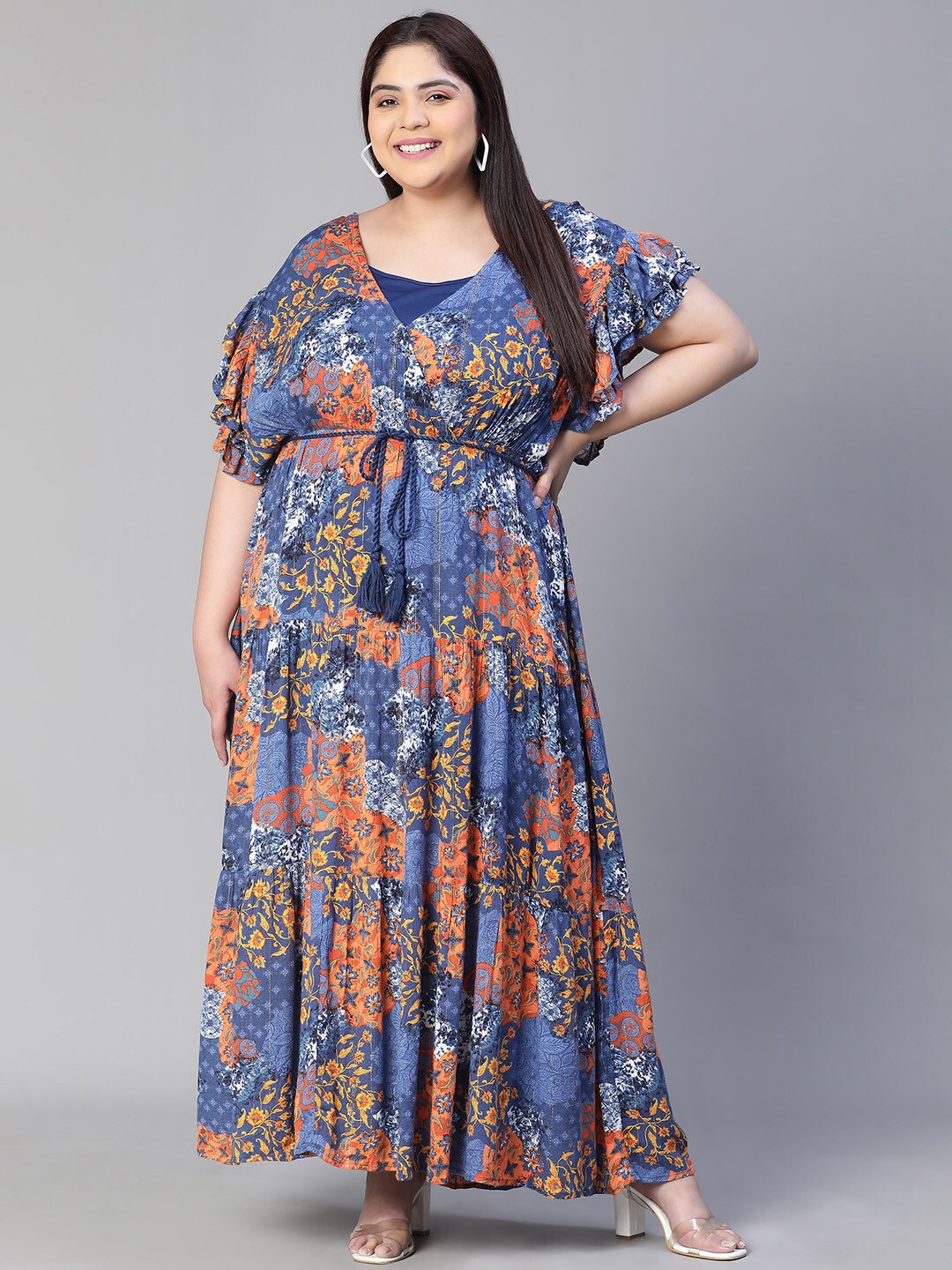 

Oxolloxo Plus Size Floral Print V-Neck Ruffle Long & Flared Dress, Blue