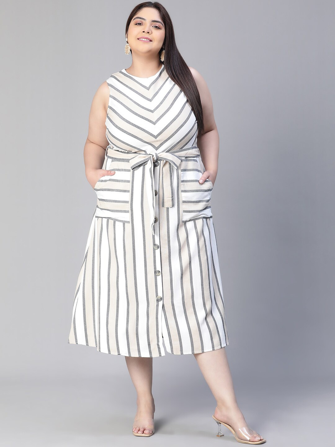 

Oxolloxo Plus Size Striped Knot Detail Round Neck Cotton Midi A-Line Dress, White
