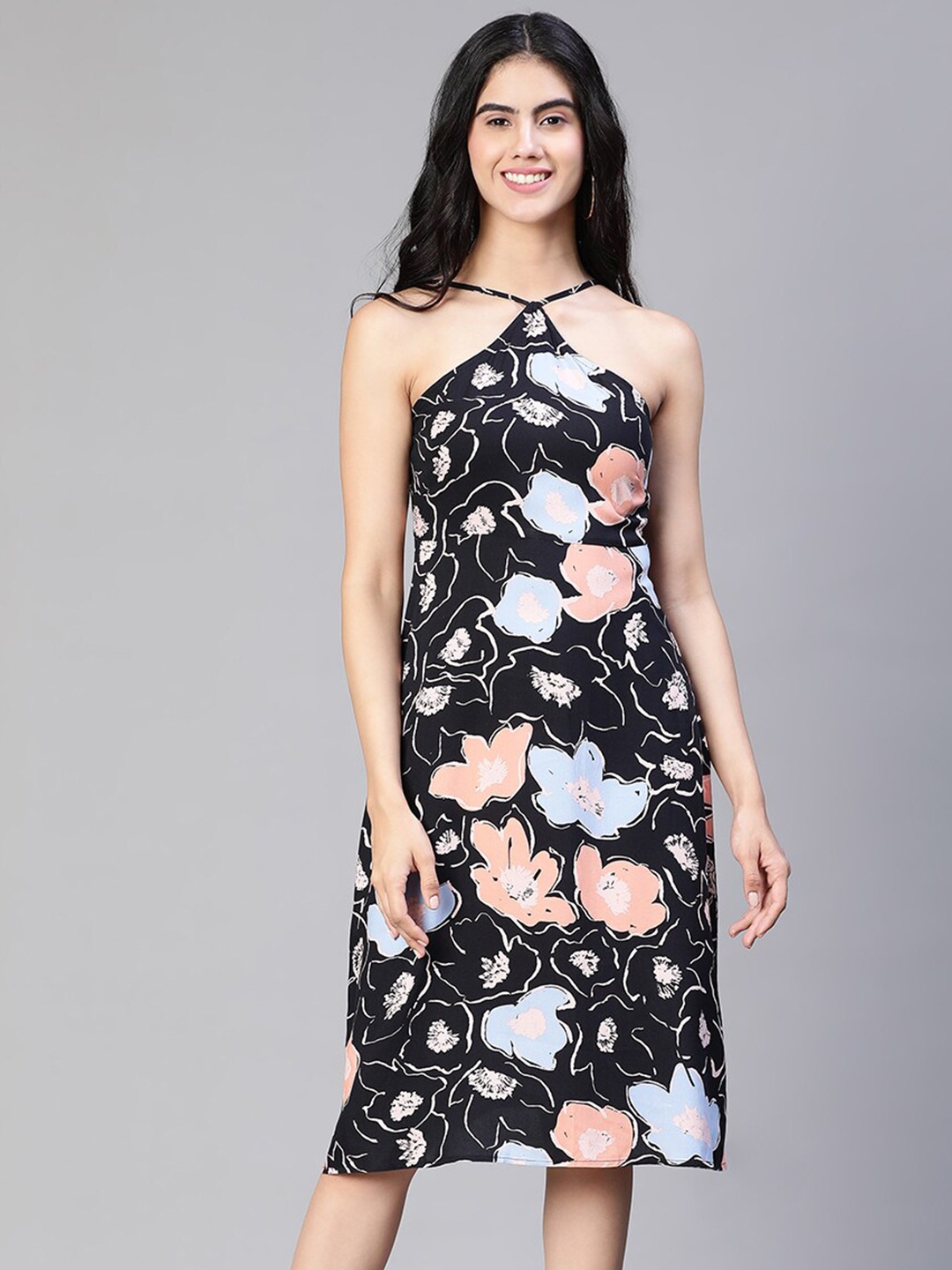 

Oxolloxo Floral Printed Halter Neck Sheath Dress, Black