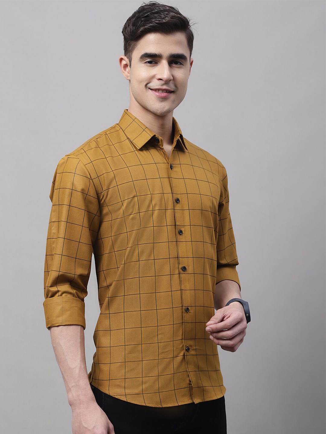 

JAINISH Classic Windowpane Checks Spread Collar Cotton Casual Shirt, Mustard