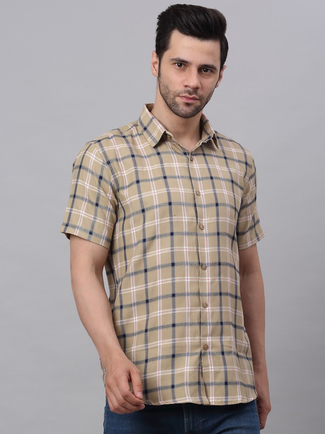 

JAINISH Classic Tartan Checks Spread Collar Cotton Casual Shirt, Beige