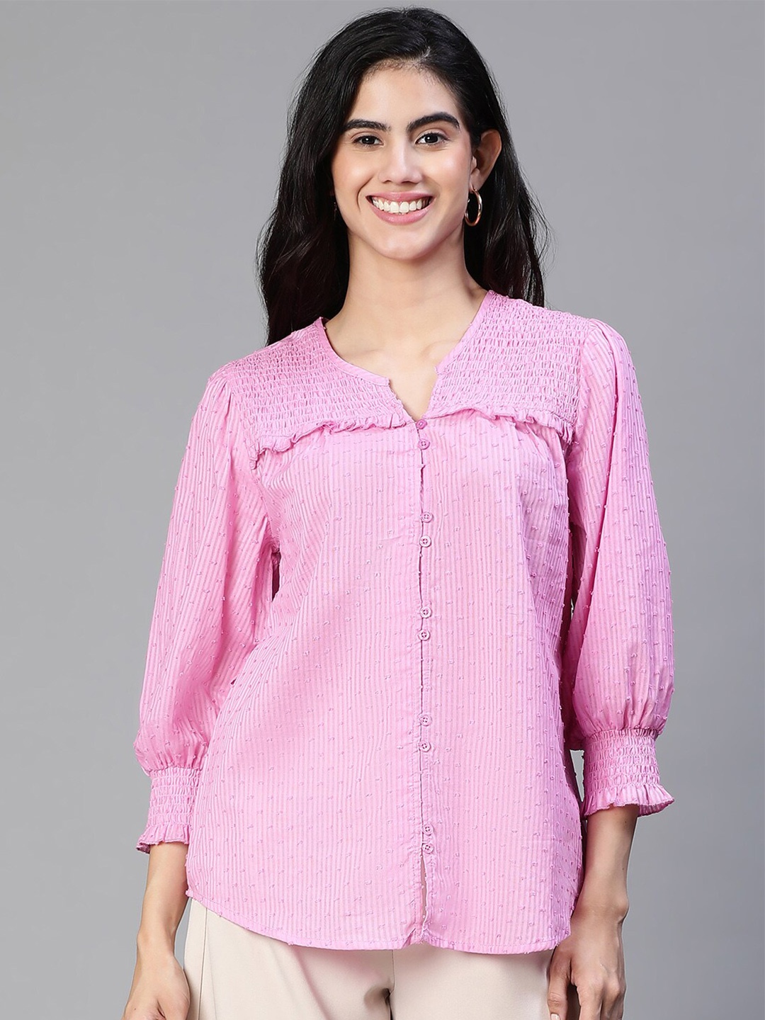 

Oxolloxo Smocked V-Neck Long Sleeve Cotton Shirt, Pink