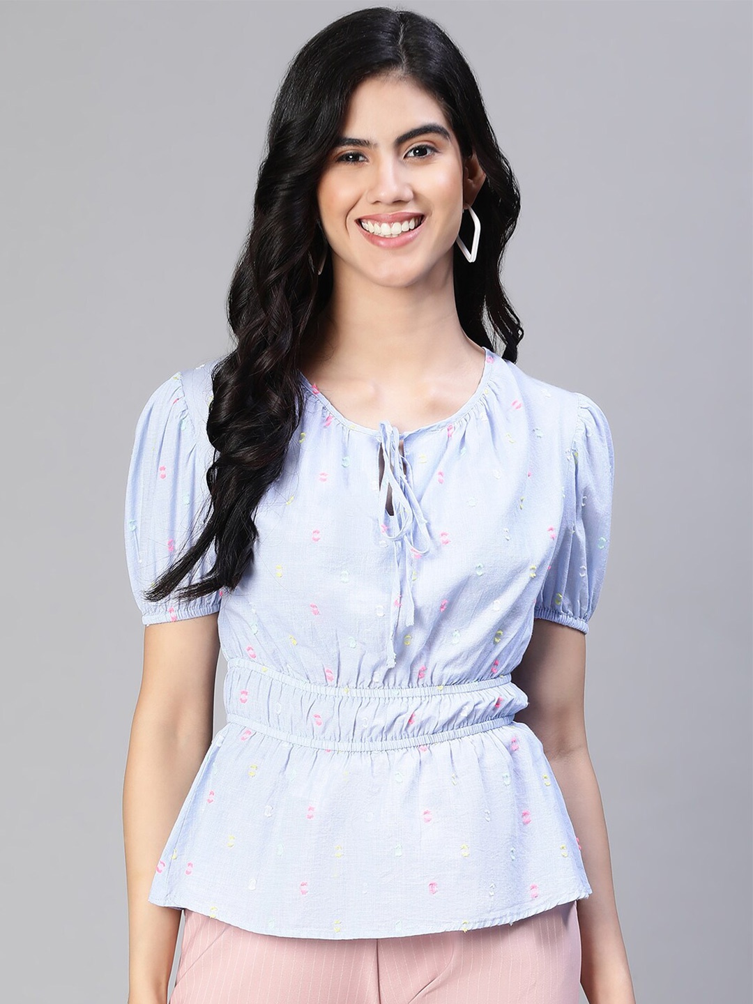 

Oxolloxo Round Neck Tie-Up Elasticated Top, Blue