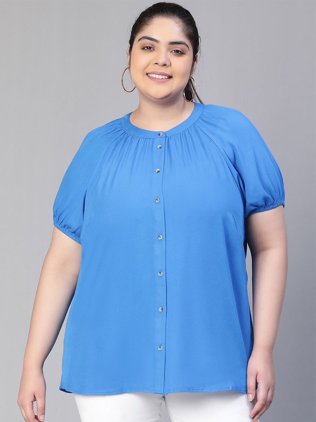 

Oxolloxo Plus Size Round Neck Puff Sleeves Shirt Style Top, Blue