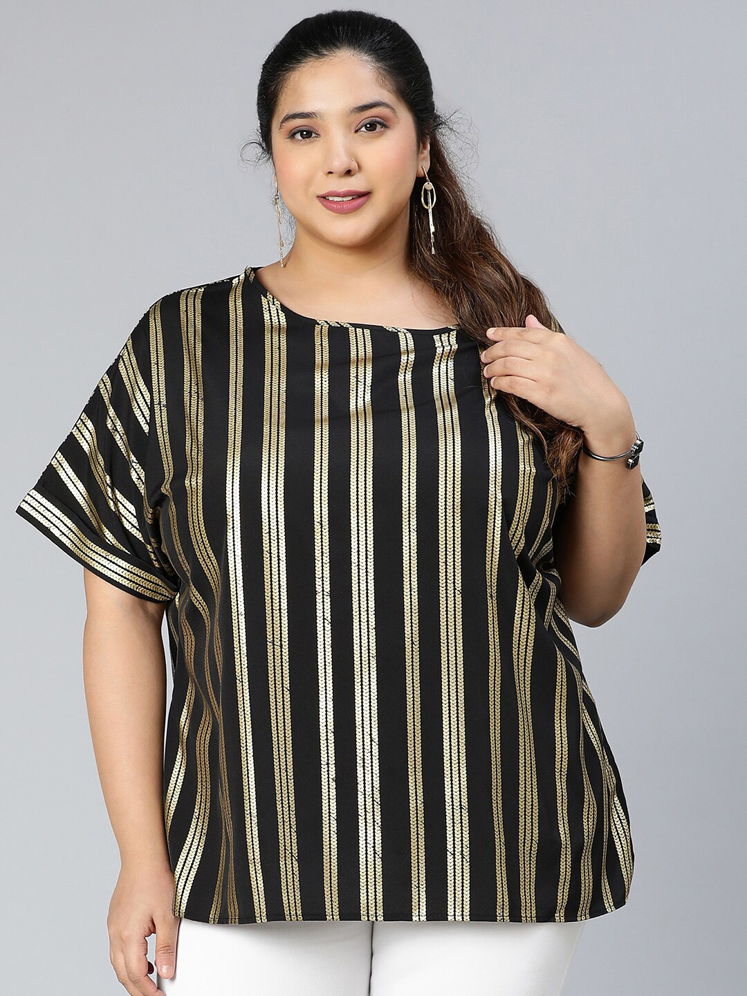 

Oxolloxo Plus Size Striped Round Neck Short Sleeve Top, Black