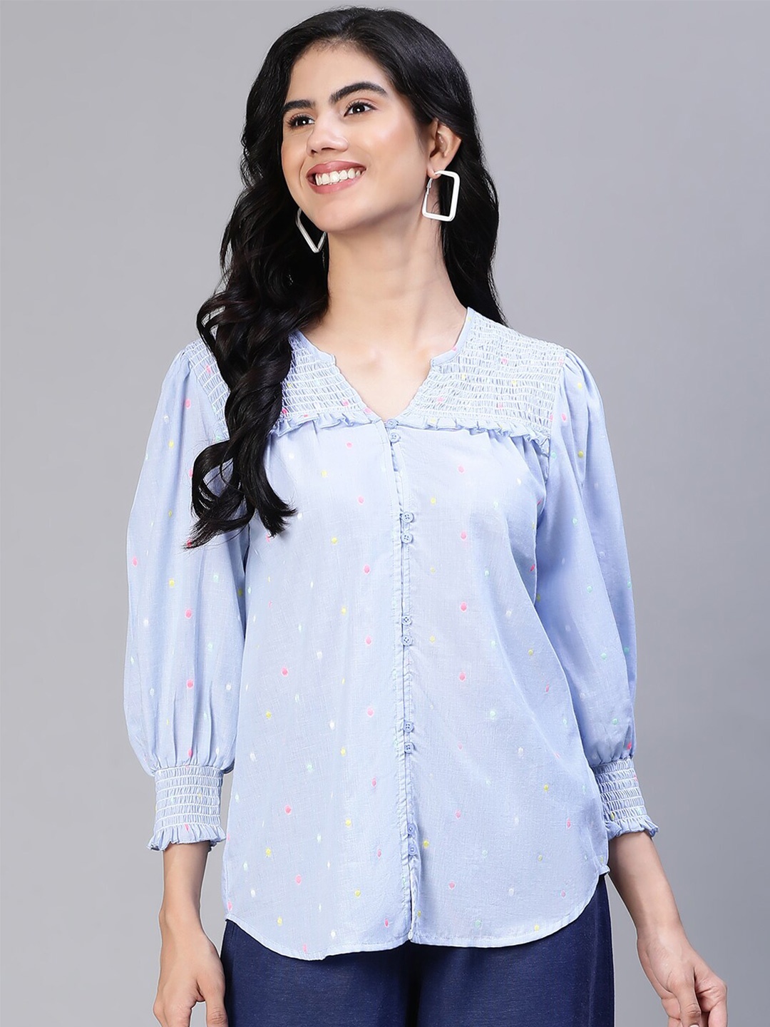 

Oxolloxo Polka Dots Printed Puff Sleeves Smocked & Ruffled Detail Cotton Shirt Style Top, Blue