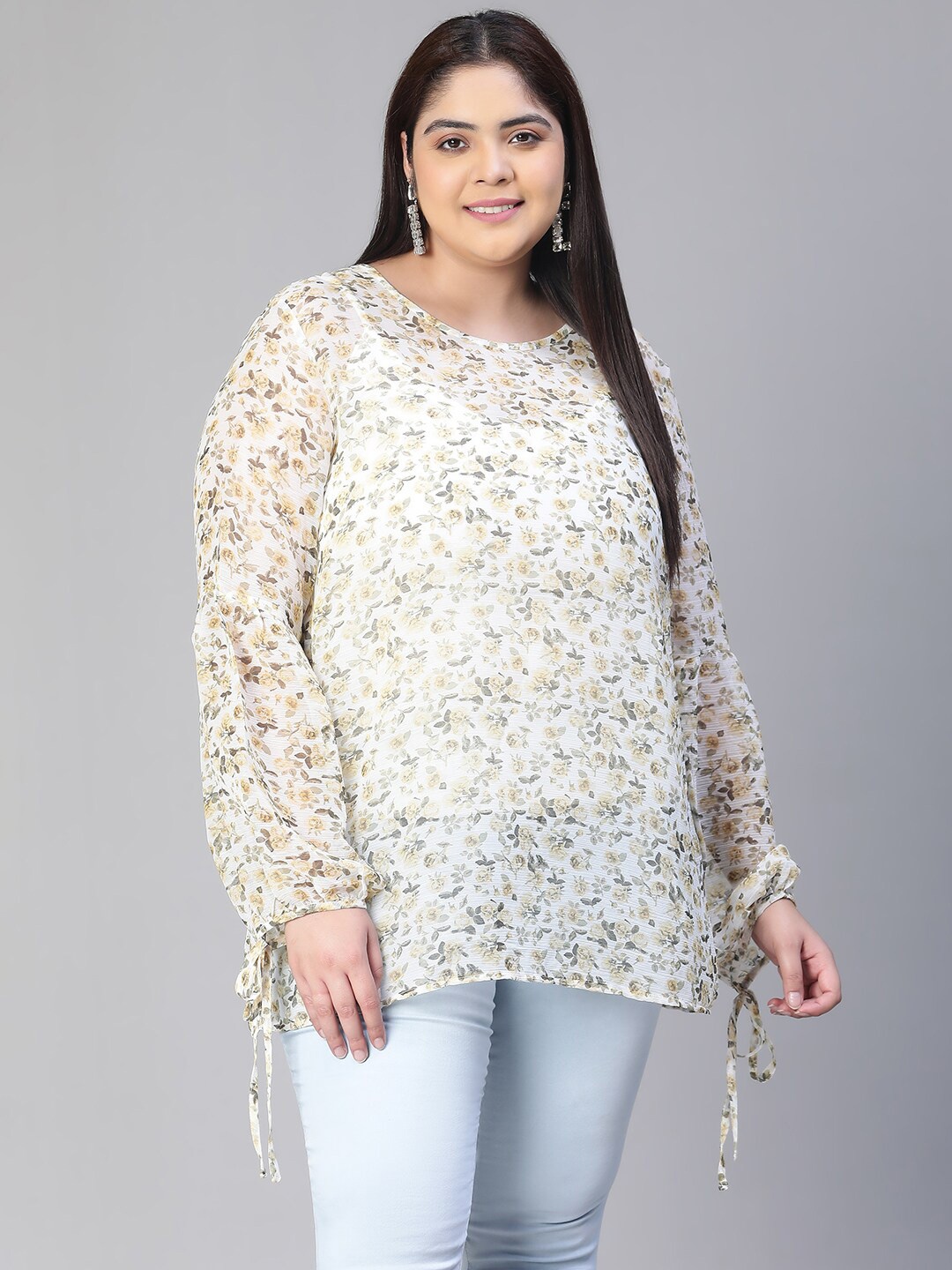 

Oxolloxo Plus Size Floral Print Round Neck Long Sleeve Top, Off white