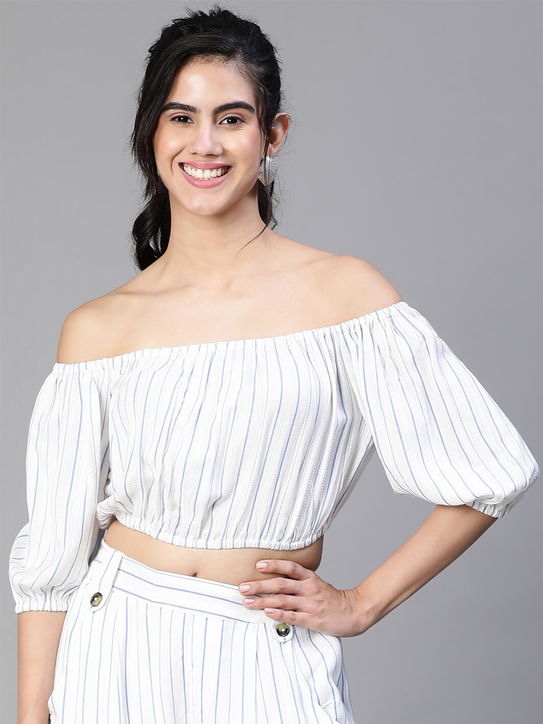 

Oxolloxo Striped Off-Shoulder Puff Sleeves Cotton Bardot Crop Top, White