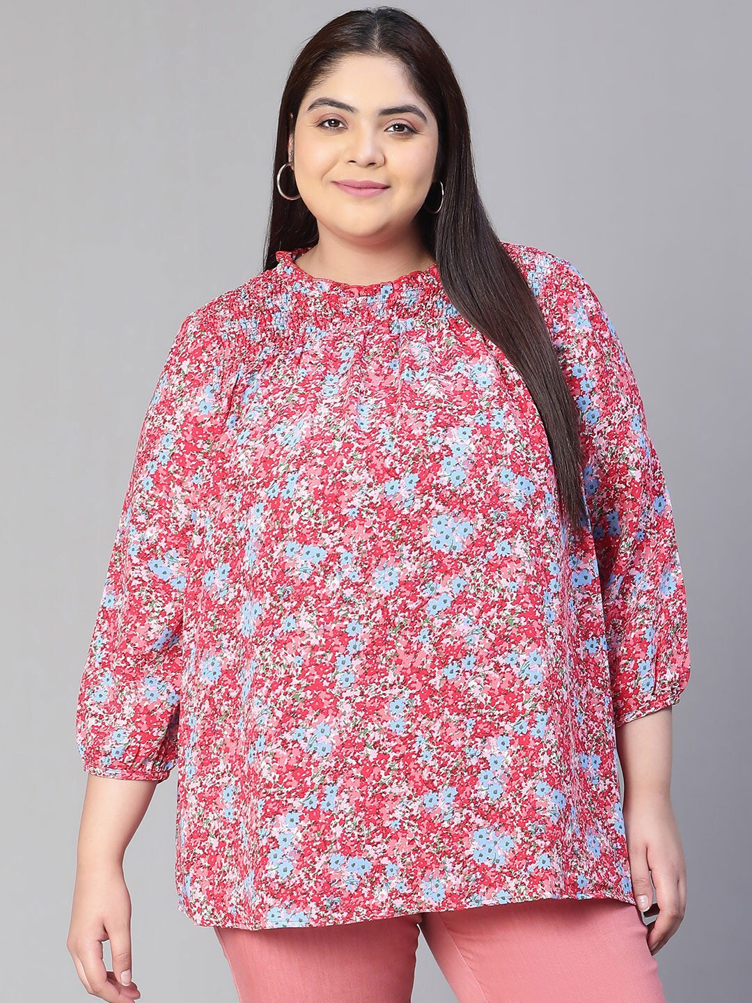 

Oxolloxo Plus Size Floral Print Round Neck Long Sleeve Smocked Top, Pink