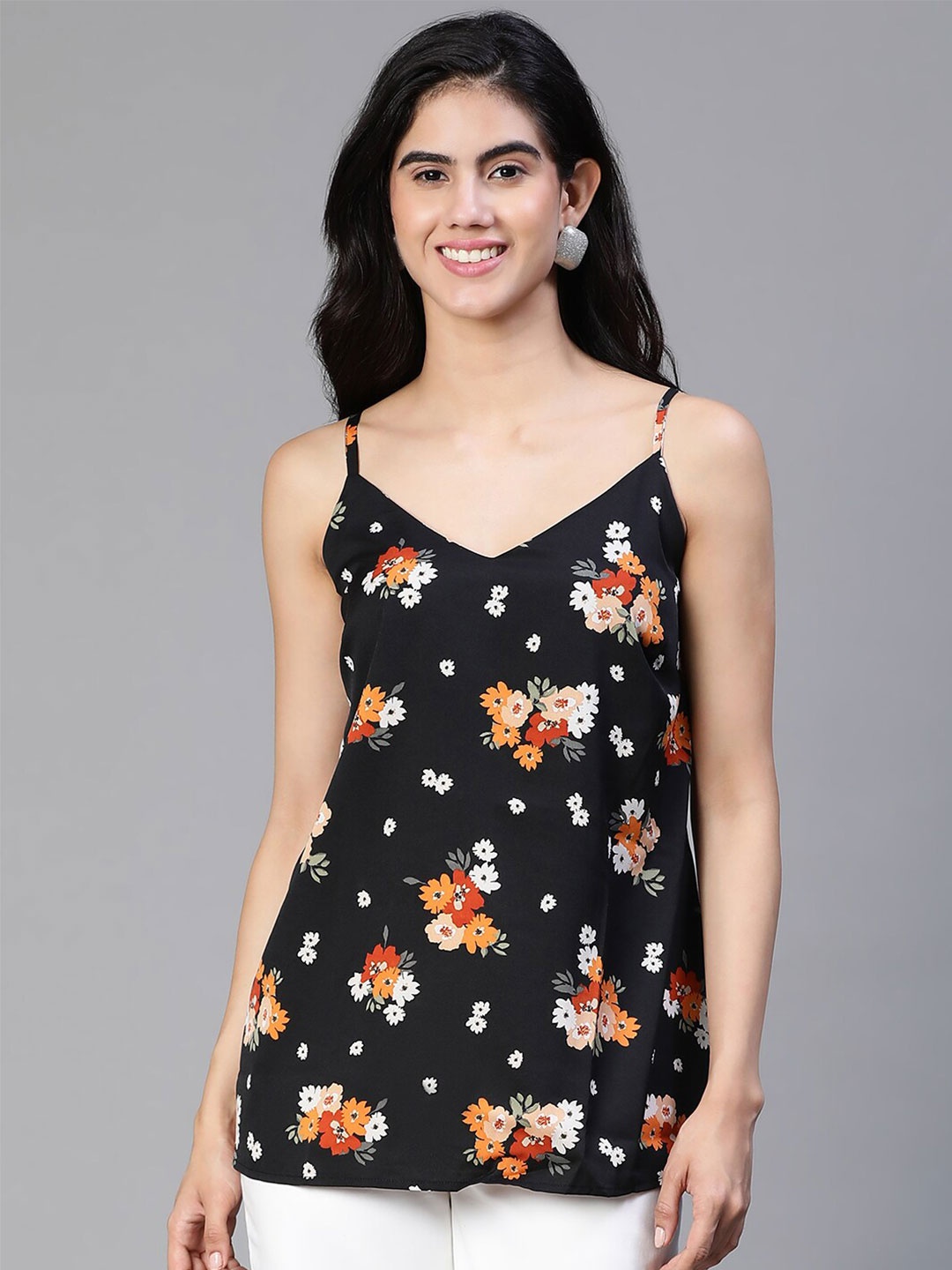 

Oxolloxo Floral Printed Shoulder Straps Top, Black