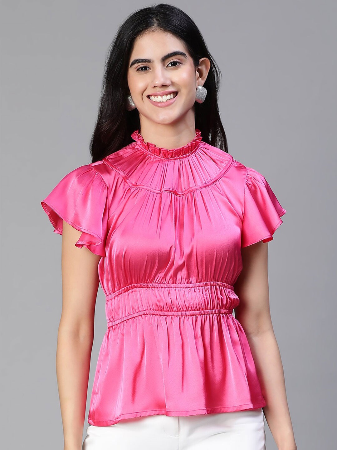 

Oxolloxo Flutter Sleeves Ruffled Satin Cinched Waist Top, Pink