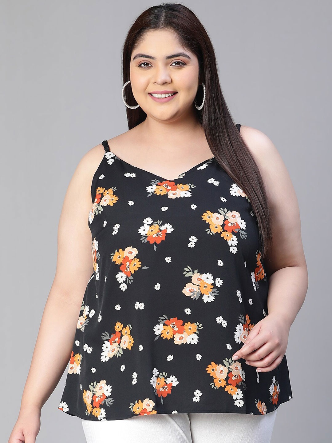 

Oxolloxo Plus Size Floral Printed Shoulder Straps A-Line Top, Black