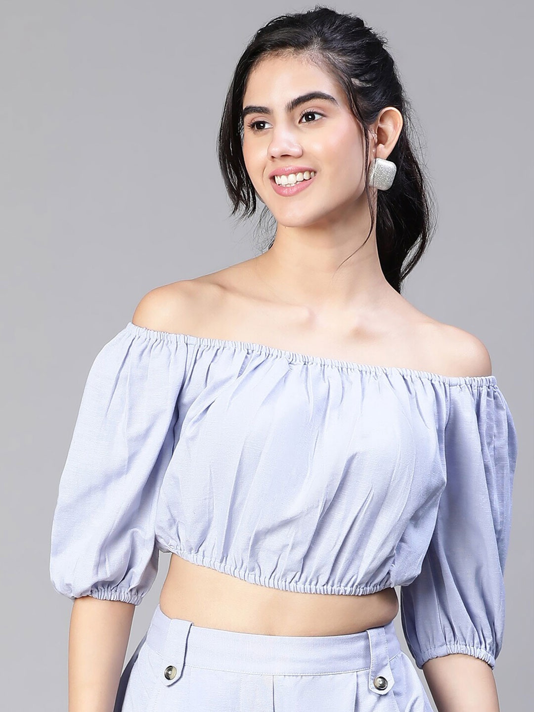 

Oxolloxo Off-Shoulder Puff Sleeves Gathered Detail Pure Cotton Bardot Crop Top, Blue