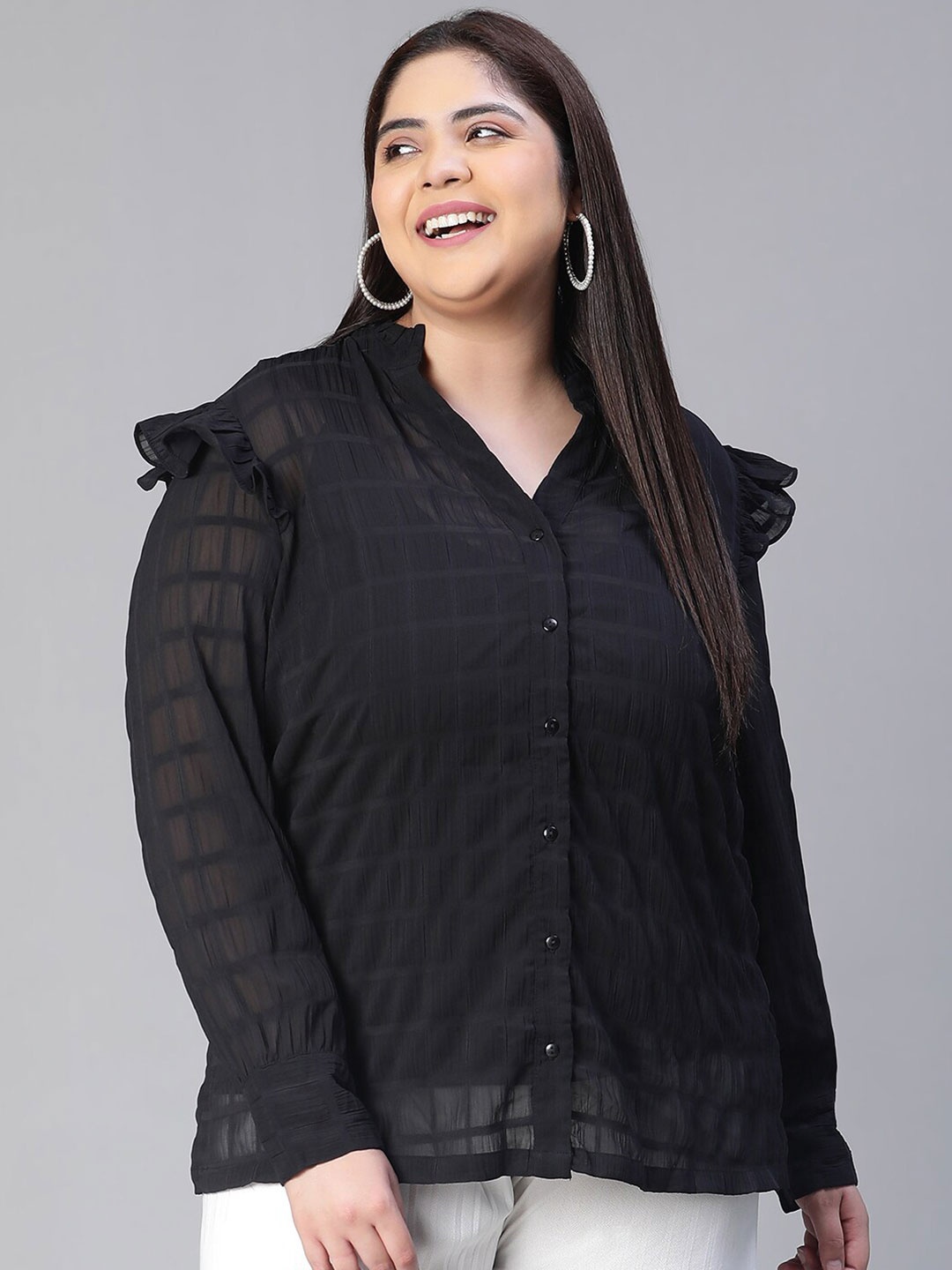 

Oxolloxo Plus Size Ruffled V-Neck Long Sleeve Shirt Style Top, Black
