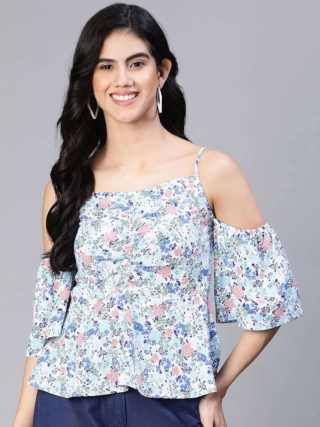 

Oxolloxo Floral Printed Cold-Shoulder Sleeves Smocked A-Line Top, Blue