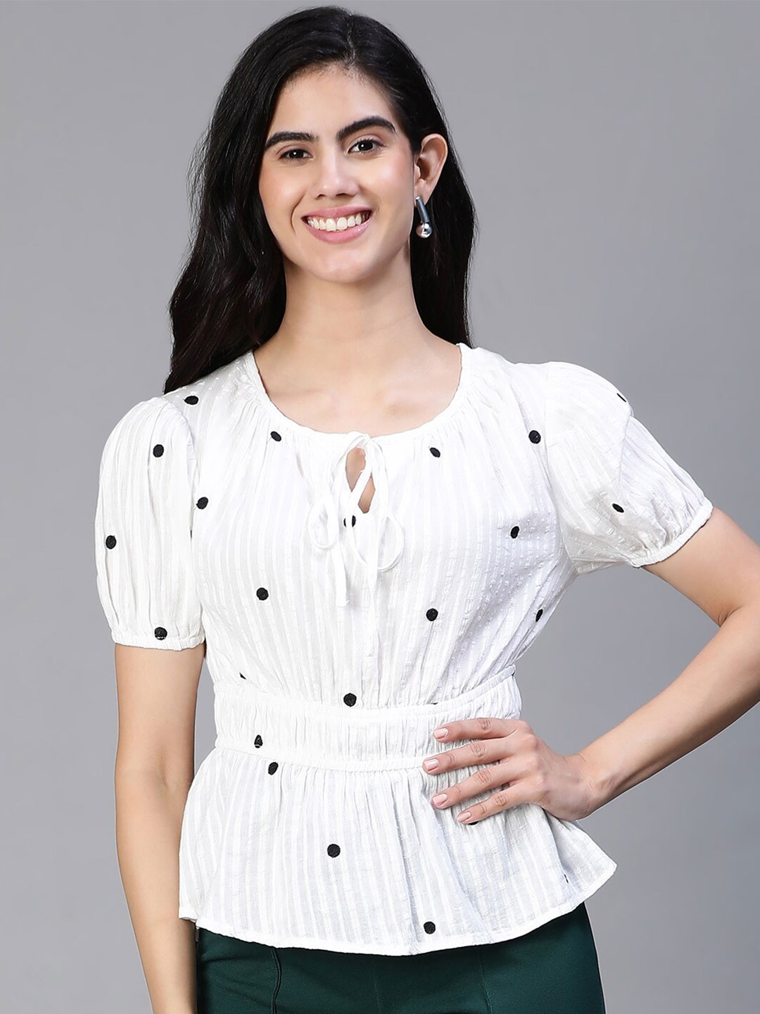 

Oxolloxo Polka Dots Printed Tie-Up Neck Puff Sleeves Pure Cotton Cinched Waist Top, White