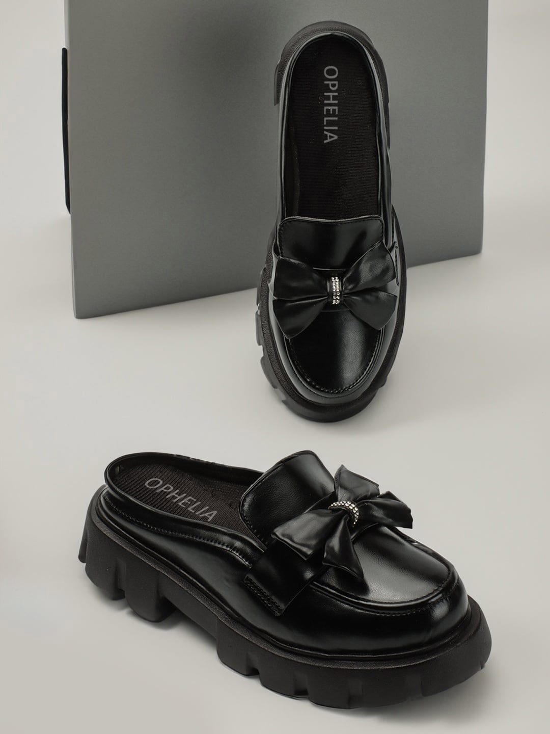 

OPHELIA Women Bow Detail Lightweight Open Back Horsebit Loafers, Black