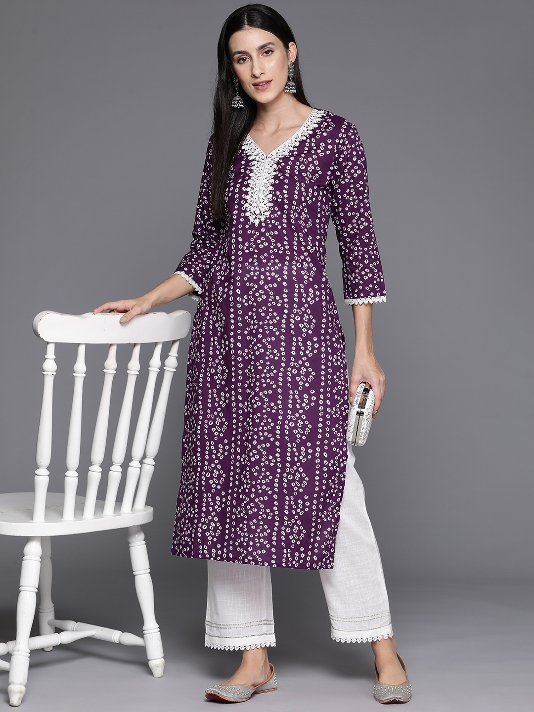 

Varanga Women Bandhani Printed Cotton Thread Work Kurta, Purple