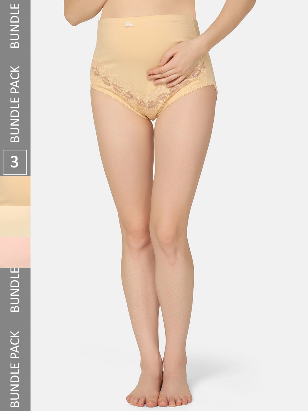 

MAMMA PRESTO Pack Of 3 Laced High-Rise Anti Bacterial Organic Cotton Maternity Briefs, Beige