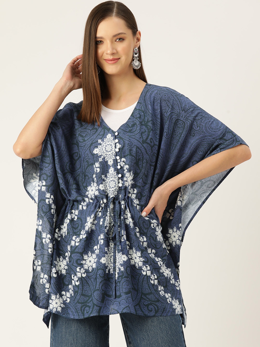 

Rue Collection Printed Kimono Sleeves Ethnic Kaftan Longline Top, Navy blue