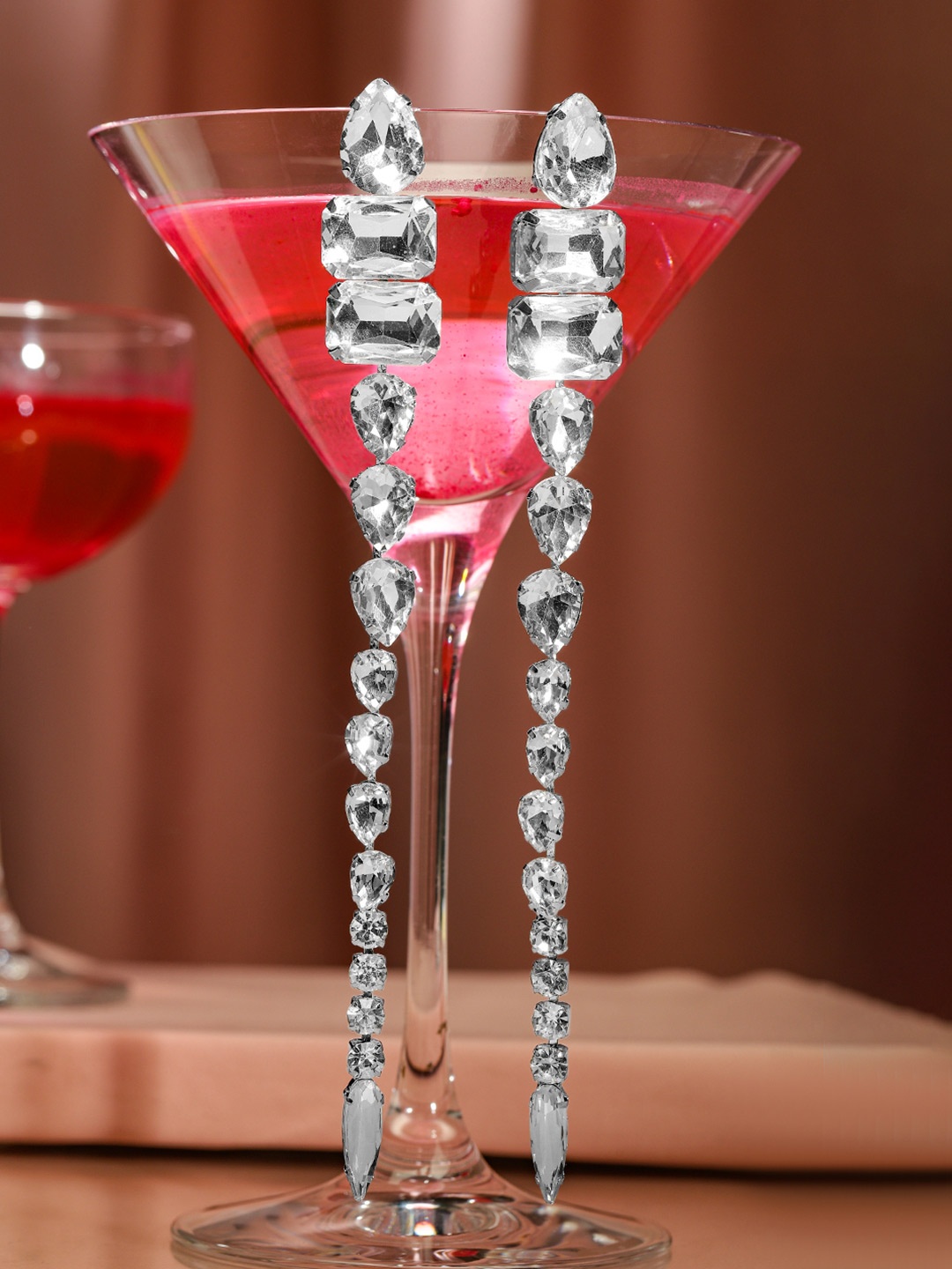 

Rubans Rhodium-Plated White Crystal Zirconia Glamorous Shoulder Duster Statement Earrings, Silver