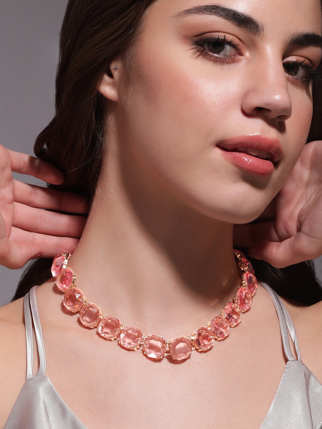 

Rubans Voguish 18K Gold plated pink crystal studded statement necklace, Rose gold