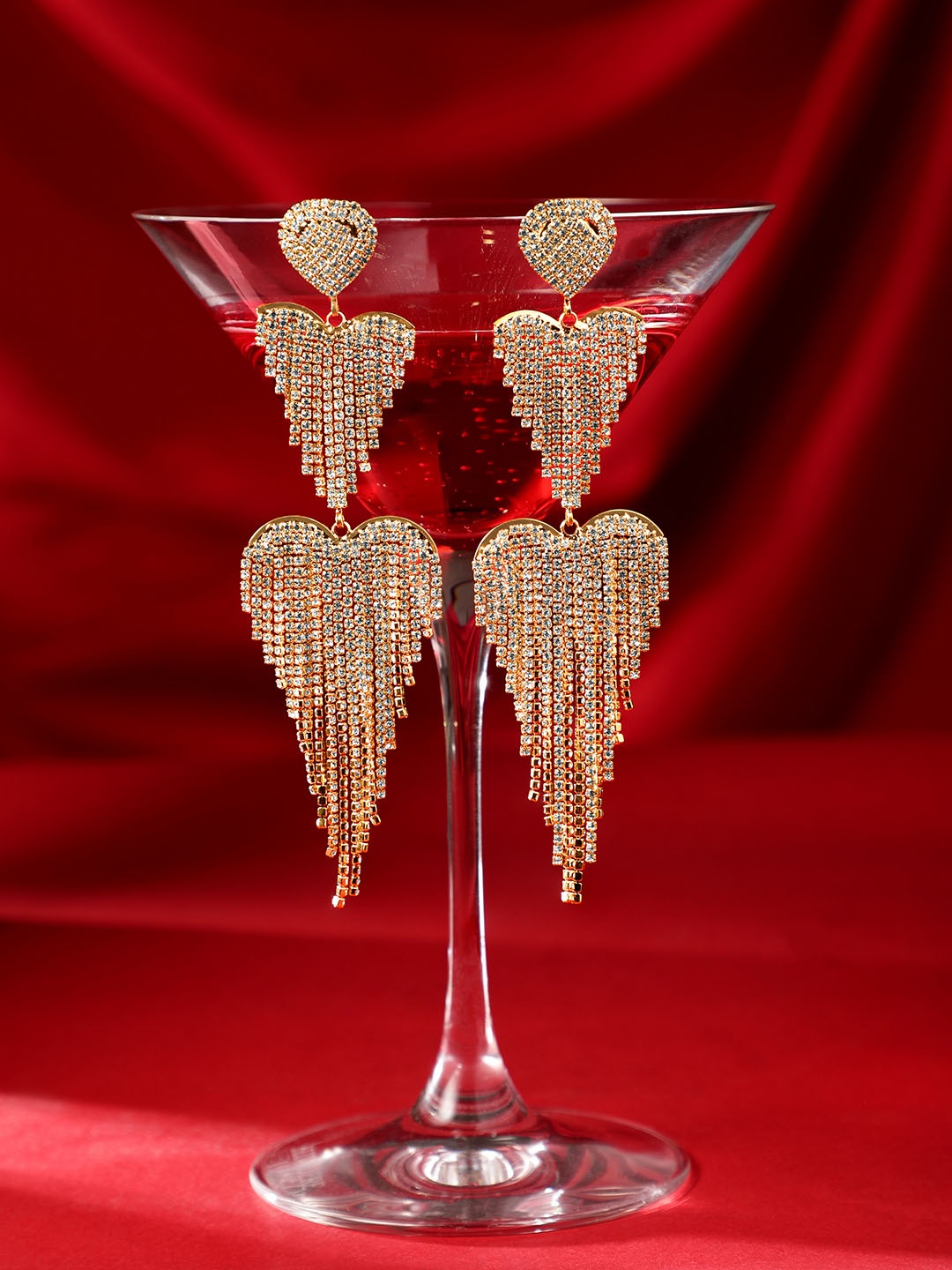 

Rubans 18K Gold-Plated Cubic Zirconia Studded Heart-Shape Waterfall ShoulderDuster Earring