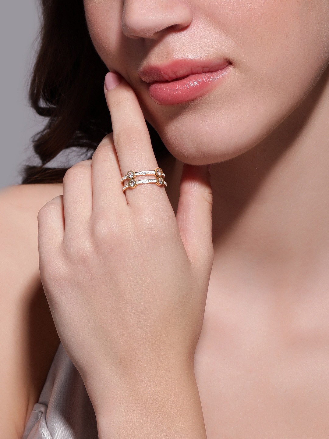 

Rubans Voguish 24k Gold-Plated Stainless Steel Anti-Tarnish Zirconia Adjustable Ring