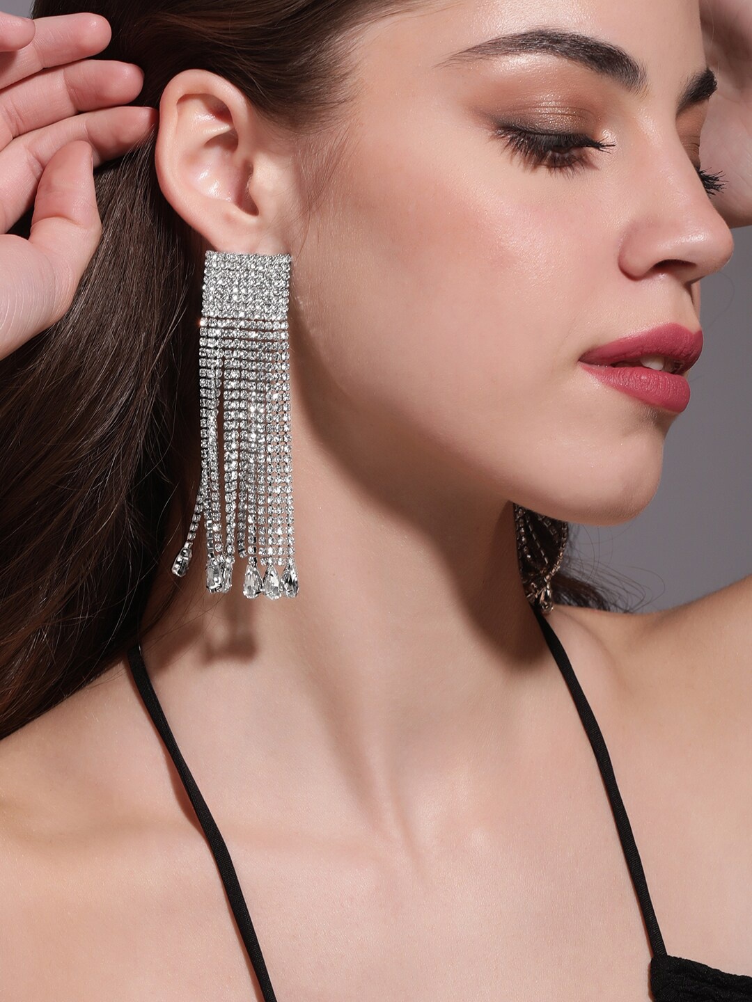 

Rubans Voguish Rhodium plated Zirconia Statement Shoulder Duster Earrings, Silver