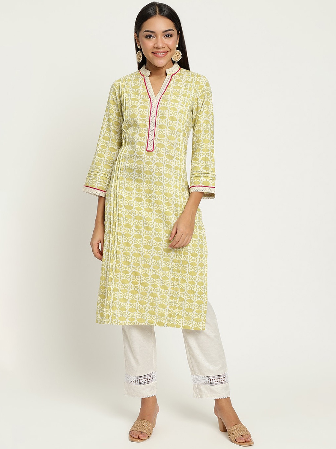 

Be Indi Women Mandarin Collar Floral Straight Side Slits Regular Kurta, Green