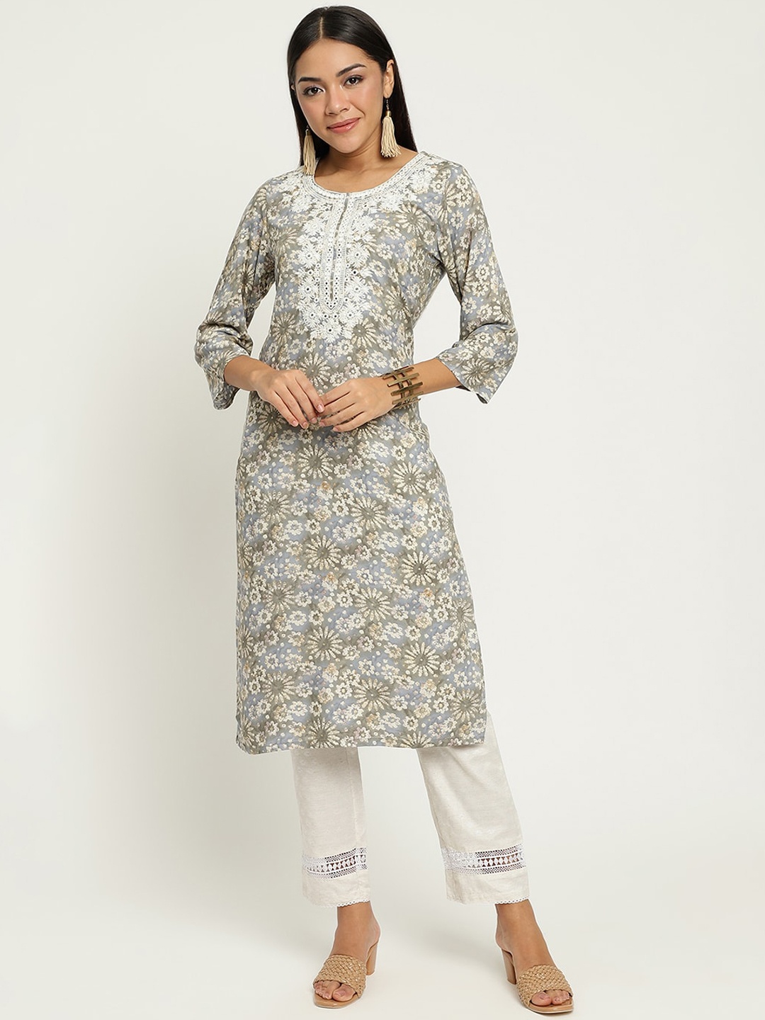 Be Indi Women Round Neck Abstract Straight Side Slits Festive Kurta, Grey