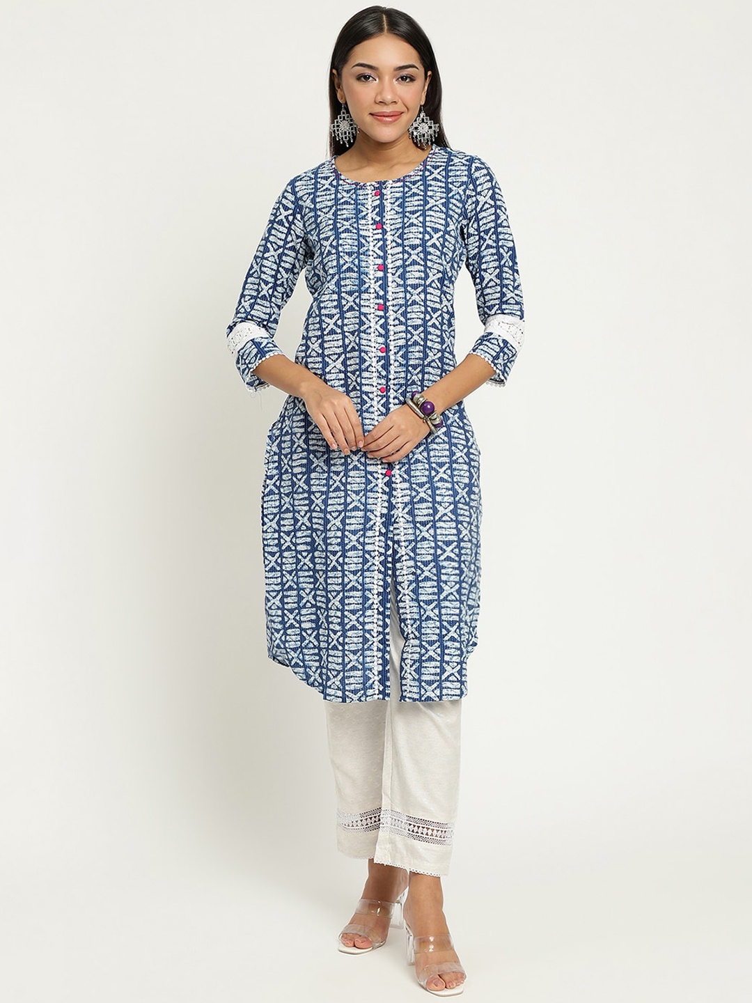 

Be Indi Women Round Neck Geometric Straight Multiple Slits Festive Kurta, Blue